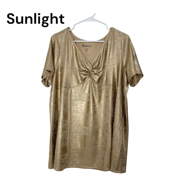 Roamans CHART SZ M(14-16) Gold Metallic Short Sleeve Tunic Top Comfy Stretch - Picture 1 of 10
